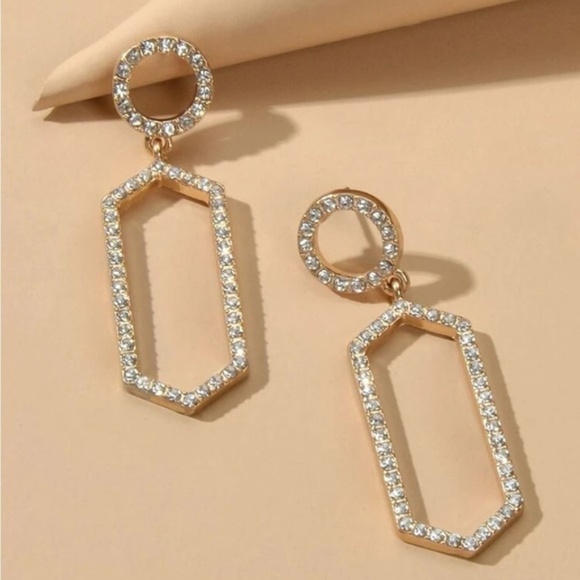 Gold Rhinestone Geometric Drop Earrings - Picture 2 of 2